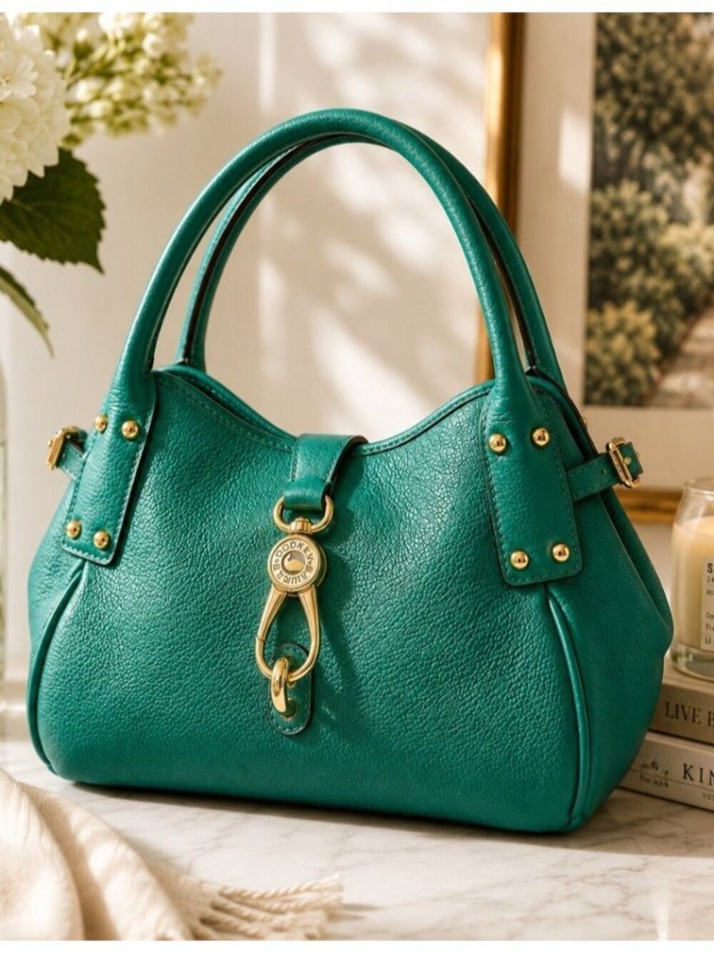 Dooney & Bourke Belvedere Logo Lock Satchel Jade Green Pebble Leather Bag